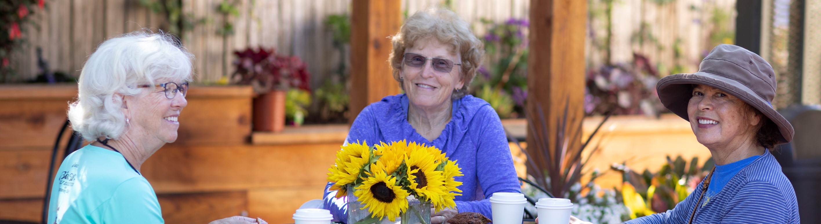 Three ladies sitting around a table with sunflowers in the garden courtyard